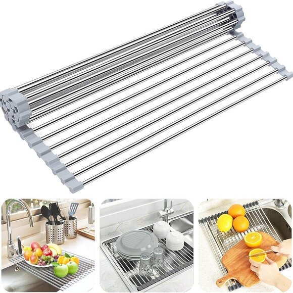 Over The Sink Dish Drying Rack, Roll up Sink Dish Drainer Rack Foldable Kitchen - Picture 1 of 7